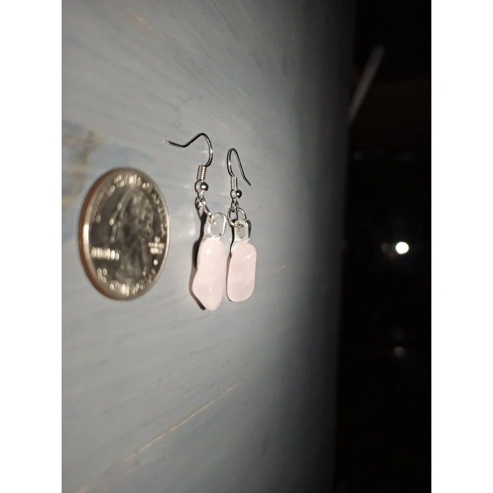 Rose Quartz Tumbled Stone Drop Earrings Pink Crystal Nickel Free Handcrafted - Picture 3 of 5